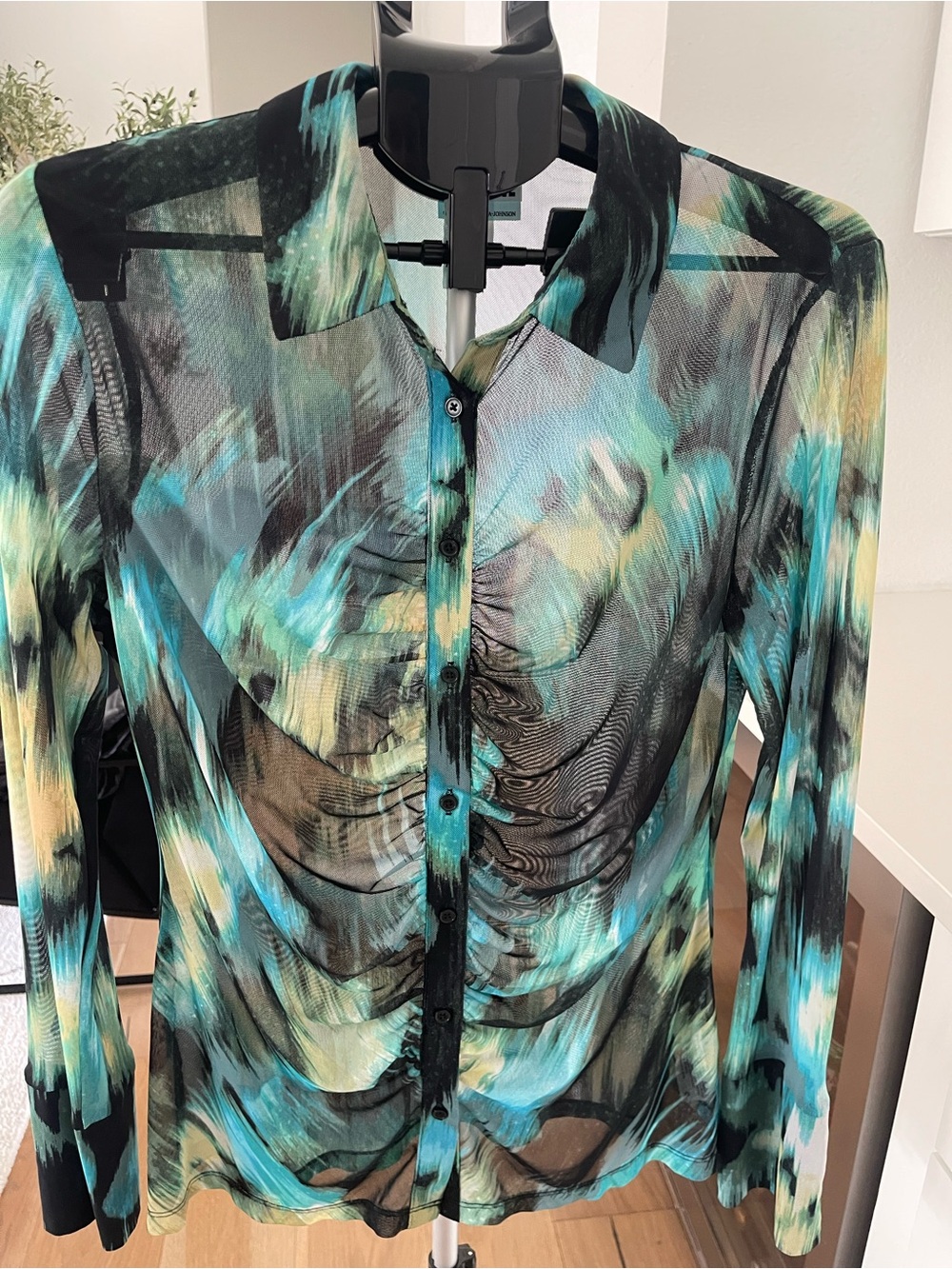 Ruched Sheer Button-Down Shirt in Teal & Black
